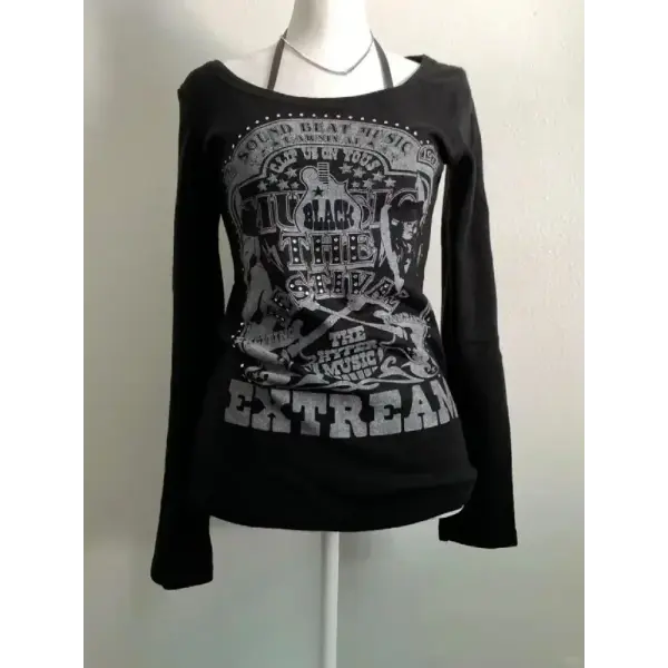 Women’s 2000s Gothic Vintage Long Sleeve T-Shirt – Punk Grunge Graphic Harajuku Y2K Streetwear Top - 554 Black 1 / M
