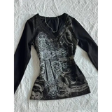 Women’s 2000s Gothic Vintage Long Sleeve T-Shirt – Punk Grunge Graphic Harajuku Y2K Streetwear Top - 562 Black
