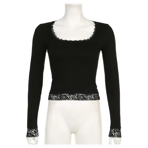 Women’s 2000s Fairy Grunge Long Sleeve Top – Vintage Lace Trim Slim Fit Y2K Harajuku Graphic Tee