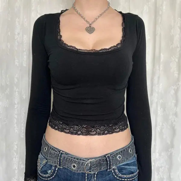 Women’s 2000s Fairy Grunge Long Sleeve Top – Vintage Lace Trim Slim Fit Y2K Harajuku Graphic Tee