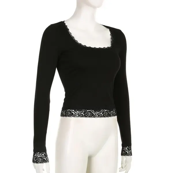 Women’s 2000s Fairy Grunge Long Sleeve Top – Vintage Lace Trim Slim Fit Y2K Harajuku Graphic T-Shirt