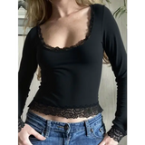 Women’s 2000s Fairy Grunge Long Sleeve Top – Vintage Lace Trim Slim Fit Y2K Harajuku Graphic Tee