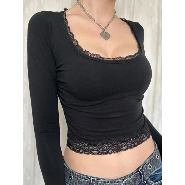 Women’s 2000s Fairy Grunge Long Sleeve Top – Vintage Lace Trim Slim Fit Y2K Harajuku Graphic T-Shirt