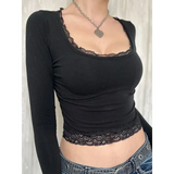 Women’s 2000s Fairy Grunge Long Sleeve Top – Vintage Lace Trim Slim Fit Y2K Harajuku Graphic T-Shirt