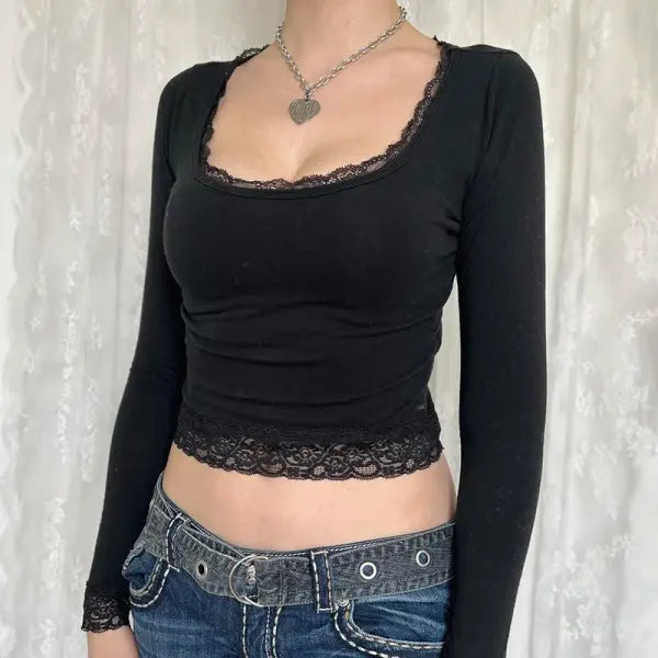 Women’s 2000s Fairy Grunge Long Sleeve Top – Vintage Lace Trim Slim Fit Y2K Harajuku Graphic Tee
