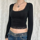 Women’s 2000s Fairy Grunge Long Sleeve Top – Vintage Lace Trim Slim Fit Y2K Harajuku Graphic Tee