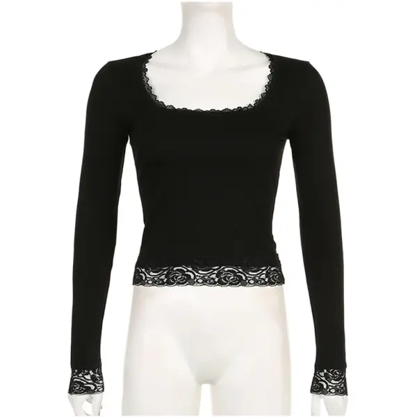Women’s 2000s Fairy Grunge Long Sleeve Top – Vintage Lace Trim Slim Fit Y2K Harajuku Graphic T-Shirt