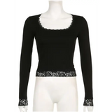 Women’s 2000s Fairy Grunge Long Sleeve Top – Vintage Lace Trim Slim Fit Y2K Harajuku Graphic T-Shirt