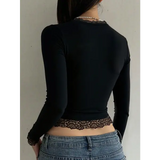Women’s 2000s Fairy Grunge Long Sleeve Top – Vintage Lace Trim Slim Fit Y2K Harajuku Graphic Tee
