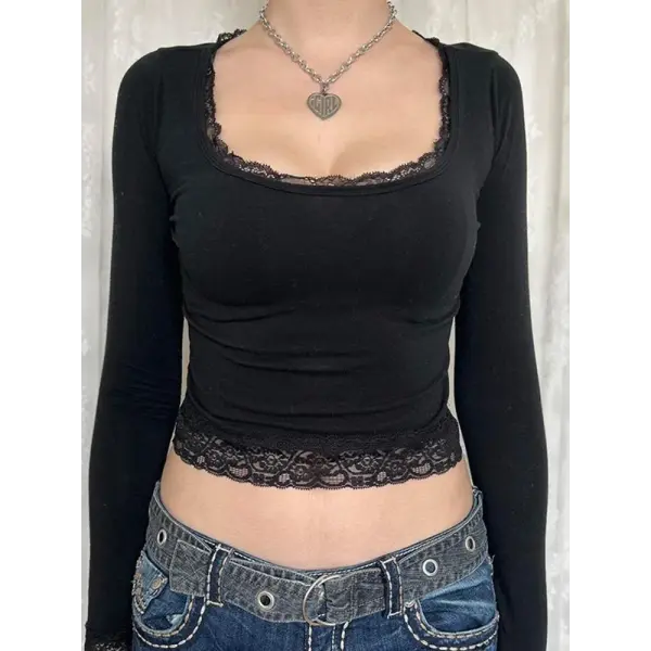 Women’s 2000s Fairy Grunge Long Sleeve Top – Vintage Lace Trim Slim Fit Y2K Harajuku Graphic T-Shirt - black / M