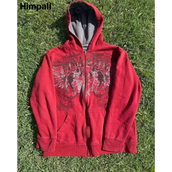 2000s Red Cotton Couple Zipper Hoodies - Vintage Y2K Sweatshirt