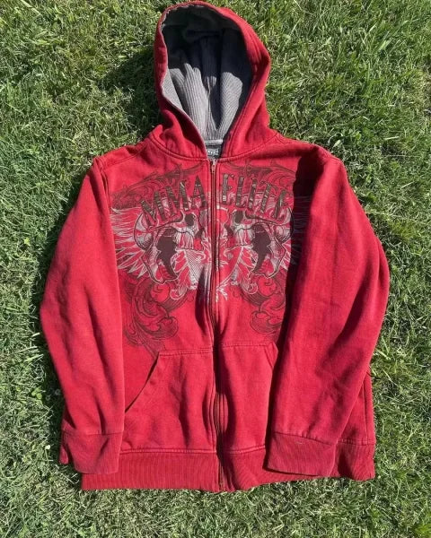 2000s Red Cotton Couple Zipper Hoodies - Vintage Y2K Sweatshirt - Himpall