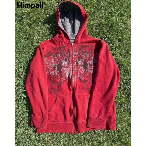 2000s Red Cotton Couple Zipper Hoodies - Vintage Y2K Sweatshirt