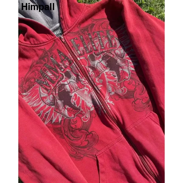 2000s Red Cotton Couple Zipper Hoodies - Vintage Y2K Sweatshirt