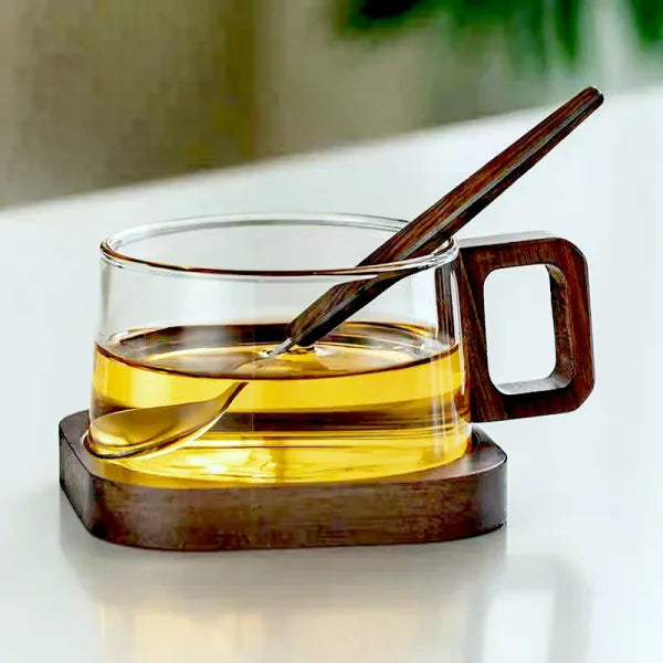 200ML American Latte Glass Coffee Mug – Heat-Resistant Milk Tea Cup with Wooden Tray - Himpall