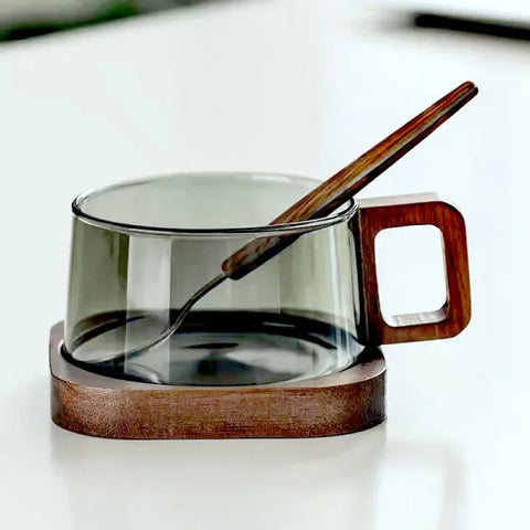 200ML American Latte Glass Coffee Mug – Heat-Resistant Milk Tea Cup with Wooden Tray - Himpall