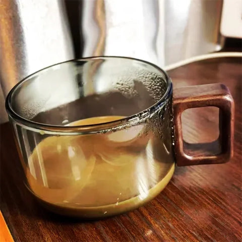 200ML American Latte Glass Coffee Mug – Heat-Resistant Milk Tea Cup with Wooden Tray - Himpall