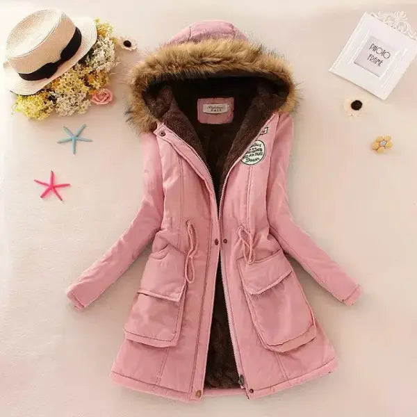 Women’s Long Hooded Broadcloth Jacket Padded Pockets Zippers - Pink / XL