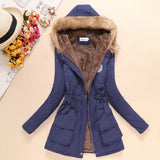 Women’s Long Hooded Broadcloth Jacket Padded Pockets Zippers