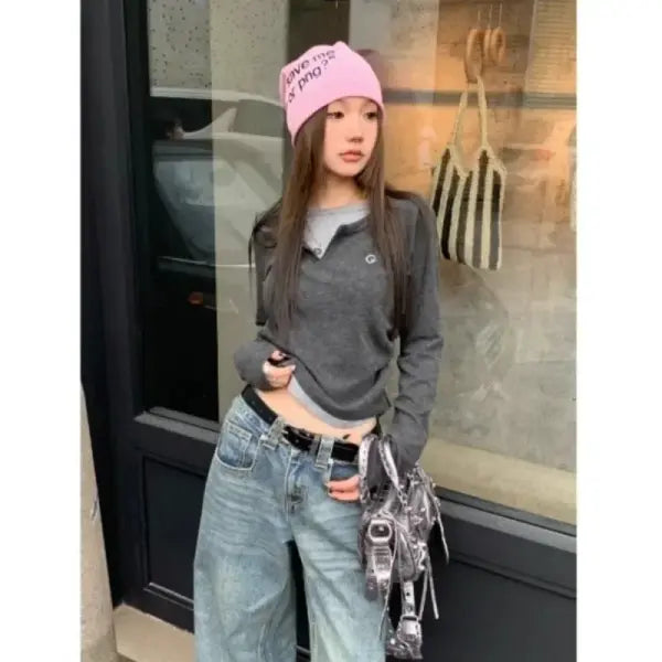 Women’s Korean Style Long Sleeve T-Shirt – Autumn/Winter O-Neck Fake Two-Layer Top