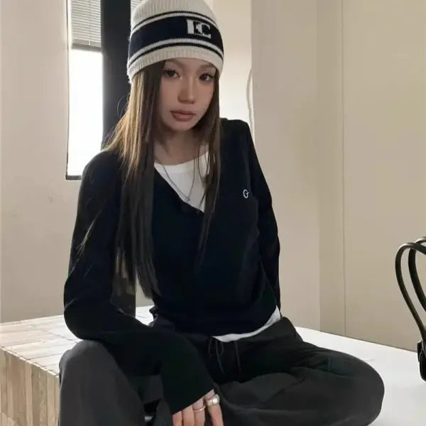 Women’s Korean Style Long Sleeve T-Shirt – Autumn/Winter O-Neck Fake Two-Layer Top - Black / XL