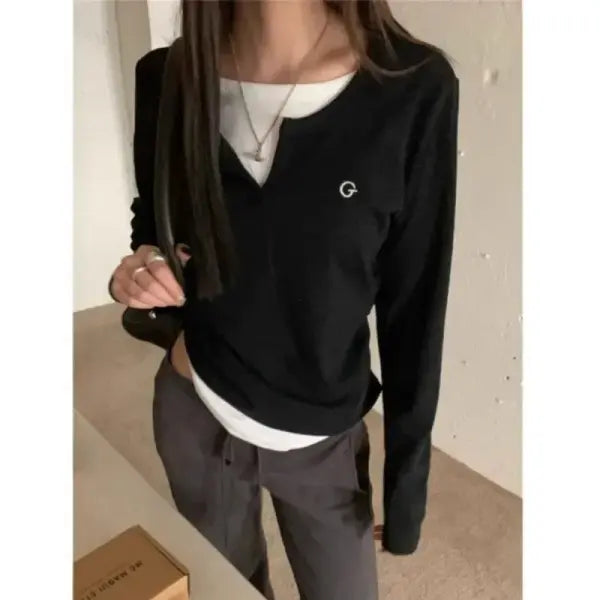 Women’s Korean Style Long Sleeve T-Shirt – Autumn/Winter O-Neck Fake Two-Layer Top