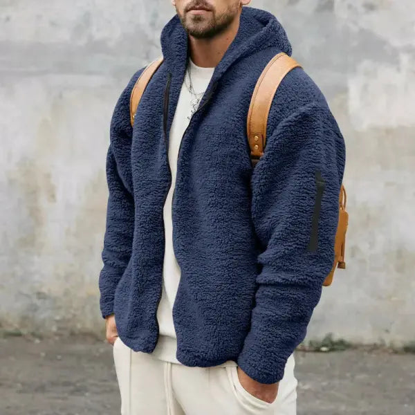 Men’s Autumn & Winter Double-Sided Fleece Jacket – Loose Hooded Casual Warm Coat - Navy Blue（ AE existing skus） / S
