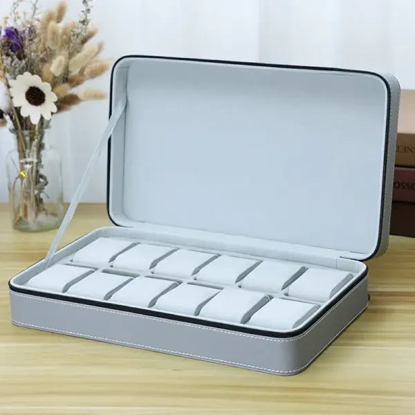 Watch Storage Boxes Leatherette Zipper Multifunctional Display - Grey 12 grids