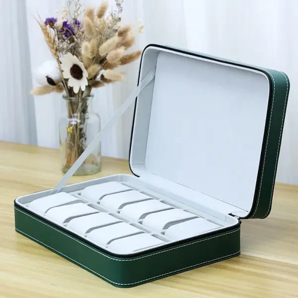 Watch Storage Boxes Leatherette Zipper Multifunctional Display - Green 10 grids