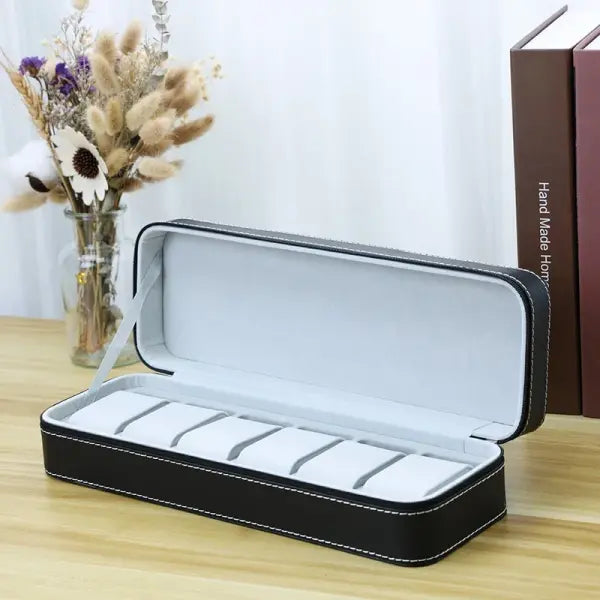 Watch Storage Boxes Leatherette Zipper Multifunctional Display - Black 6 grids