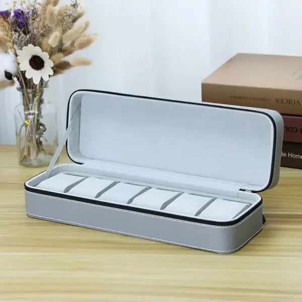 Watch Storage Boxes Leatherette Zipper Multifunctional Display - Grey 6 grids