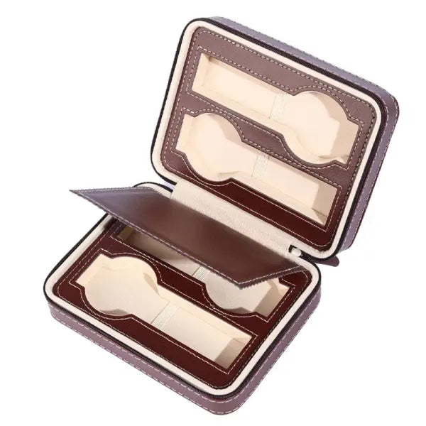 Watch Storage Boxes Leatherette Zipper Multifunctional Display - Brown 4 grids