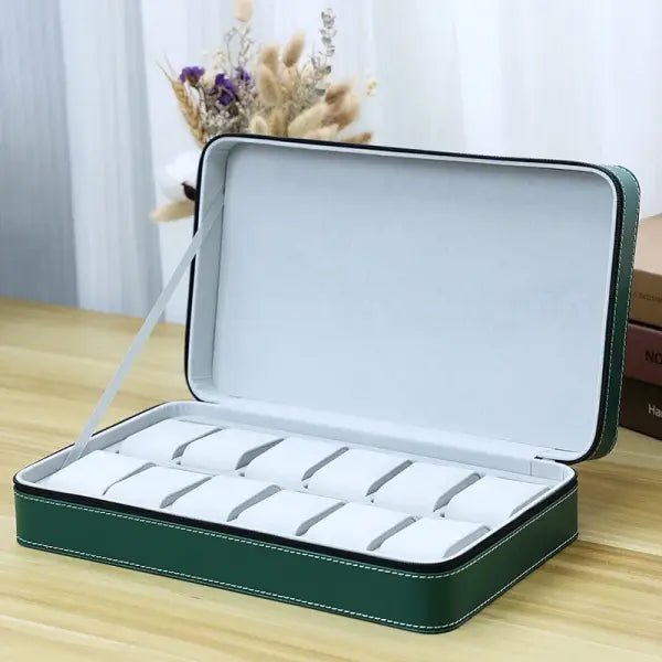 Watch Storage Boxes Leatherette Zipper Multifunctional Display - Green 12 grids