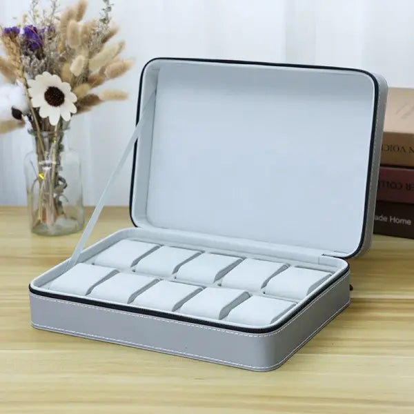 Watch Storage Boxes Leatherette Zipper Multifunctional Display - Grey 10 grids