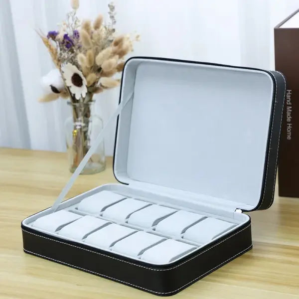 Watch Storage Boxes Leatherette Zipper Multifunctional Display - Black 10 grids