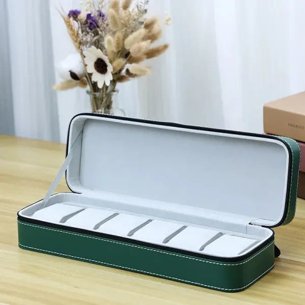 Watch Storage Boxes Leatherette Zipper Multifunctional Display - Green 6 grids