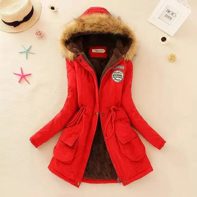 2024 New Autumn Winter Women Cotton Jacket Padded Casual Slim Coat Emboridery Hooded Parkas Wadded Warm Overcoat - Red