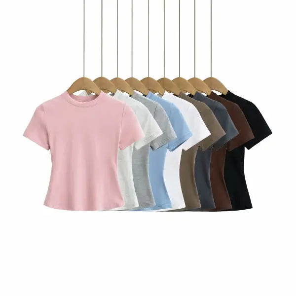 Women’s Slim Fit Short Sleeve T-Shirt – Solid Color Y2K Casual Fashion Top