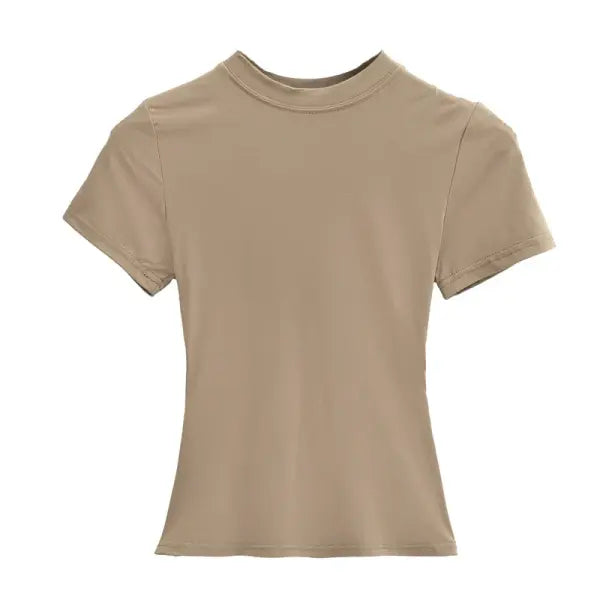 Women’s Slim Fit Short Sleeve T-Shirt – Solid Color Y2K Casual Fashion Top - Khaki / S / CHINA