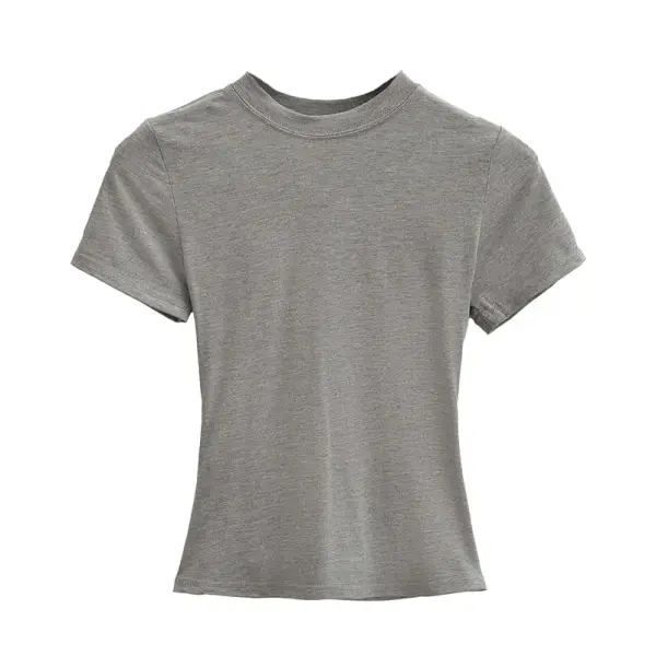 Women’s Slim Fit Short Sleeve T-Shirt – Solid Color Y2K Casual Fashion Top - GRAY / L / CHINA