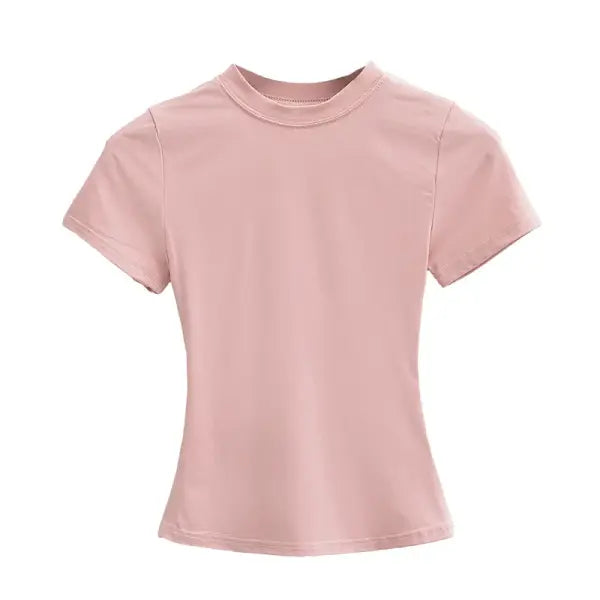 Women’s Slim Fit Short Sleeve T-Shirt – Solid Color Y2K Casual Fashion Top - Pink / L / CHINA