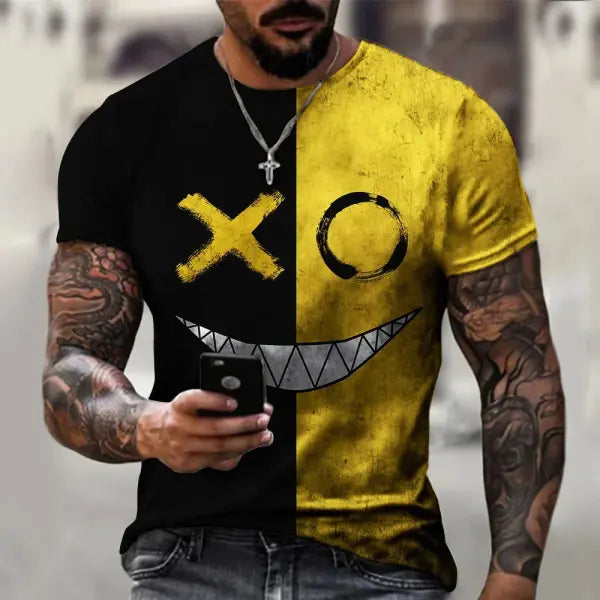 Men’s Oversized Smiling Face T-Shirt – Casual Hip-Hop Short Sleeve Plus-Size Tee - P2TGL23LM / L