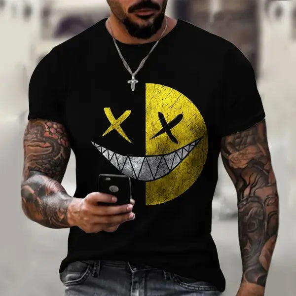 Men’s Oversized Smiling Face T-Shirt – Casual Hip-Hop Short Sleeve Plus-Size Tee - P2TGL23LH / XXXL