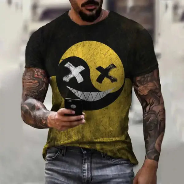 Men’s Oversized Smiling Face T-Shirt – Casual Hip-Hop Short Sleeve Plus-Size Tee - P2TGL23LN / XS（old）