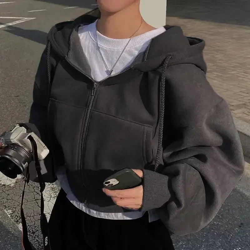 2024 Spring Autumn New Insfleece-lined Versatile Cropped Slims Smooths Silhouette Zip-up Warm Navy Blue Hooded