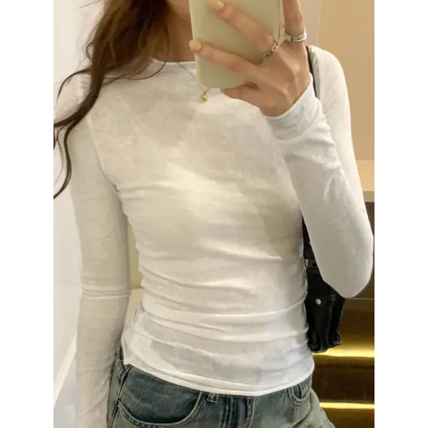 Spring/Autumn Women’s Solid Slim-Fit Long Sleeve T-Shirt – Casual O-Neck Streetwear Base Top