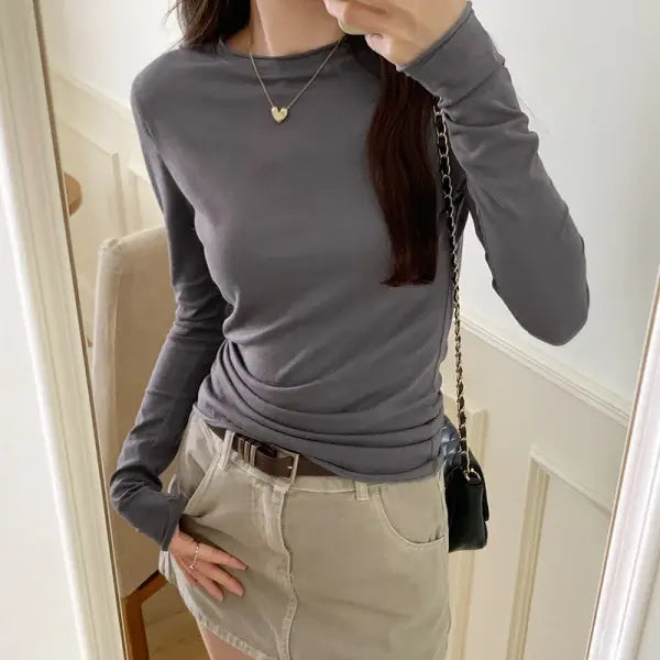 Spring/Autumn Women’s Solid Slim-Fit Long Sleeve T-Shirt – Casual O-Neck Streetwear Base Top - Dark Grey / XL