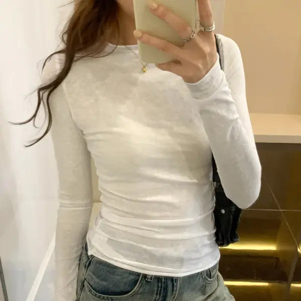 Spring/Autumn Women’s Solid Slim-Fit Long Sleeve T-Shirt – Casual O-Neck Streetwear Base Top - WHITE / XL