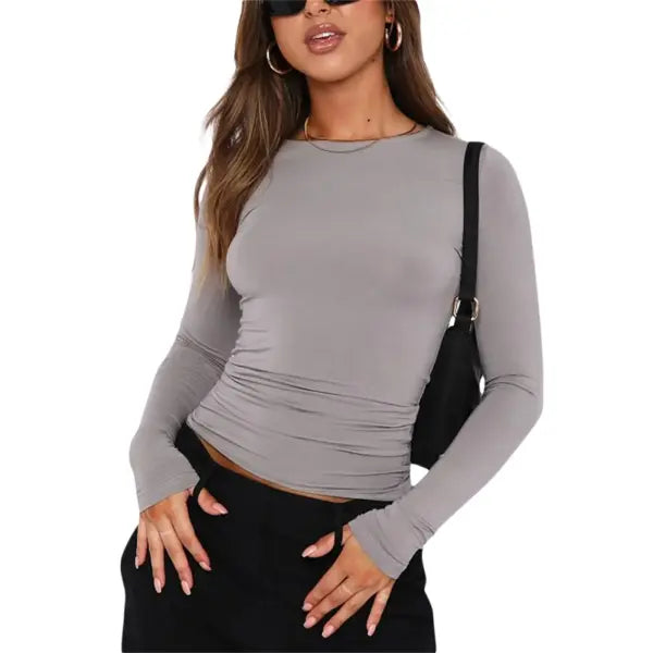 Spring/Autumn Women’s Y2K Pink Long Sleeve Crop Top – Slim Fit O-Neck Casual Pullover Tee - Light Gray / S