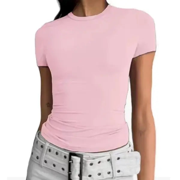 Spring/Autumn Women’s Y2K Pink Long Sleeve Crop Top – Slim Fit O-Neck Casual Pullover Tee - Short Pink / S